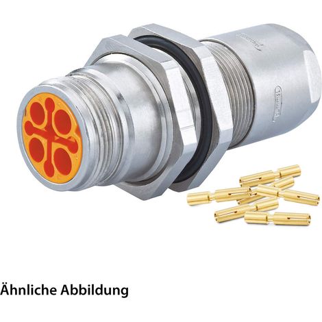 HUMMEL SET inkl. Kontakte M16 Wanddurchführung Kupplung, Crimpein. gerade Polzahl 3+4+PE, Buchse mit Gegenmutter Hinterwand, Kabelabgang gerade, Klemmbereich 2,0mm - 7,0mm - 1 Stück