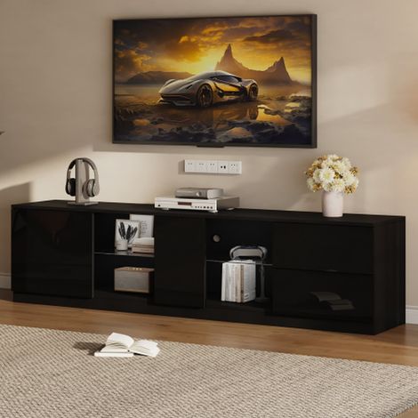 Meuble tv bas 160x40x52cm noir finition brillante avec led compatible tv 65 pouces (1/5)