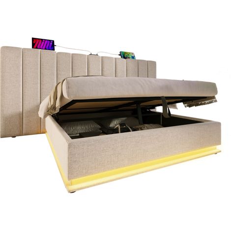 Letto con contenitore in lino beige 180x200 cm con rete, materasso incluso, LED e ricarica USB-C (1/5)
