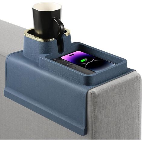 Plateau de canapé multifonctionnel en silicone - Porte-gobelet flexible pour boissons, en-cas, téléphones portables (bleu) (1/4)