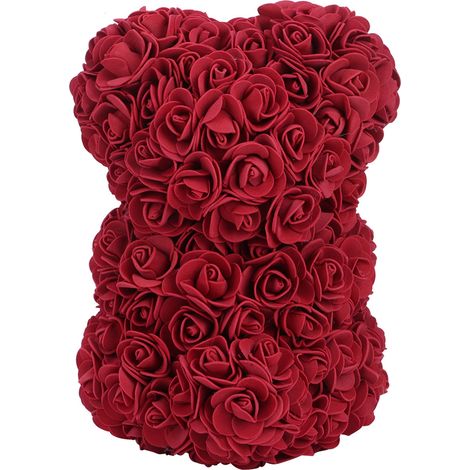 Magnifique ours en forme d'ours, orné d'une rose artificielle, cadeau idéal pour la Saint-Valentin. Ours rouge foncé avec cœur blanc. (1/5)