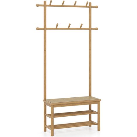 Porte-manteau arbre de hall 71 x 30 x 169,5 cm avec banc et rangement à chaussures style rustique en bambou naturel