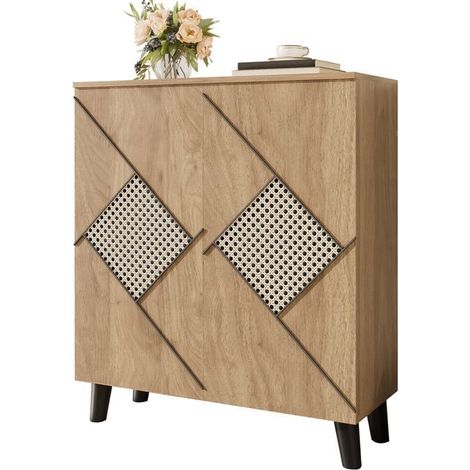 Meuble à Chaussures 80 x 32 x 91 cm façade motif rotin rangement portes fermées étagère supérieure style moderne (1/5)