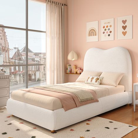 Lit simple 90x200 cm, Lit enfant avec rangement hydraulique, Lit coffre avec sommier et tête de lit rembourrée, en tissu bouclé beige, sans matelas (1/5)