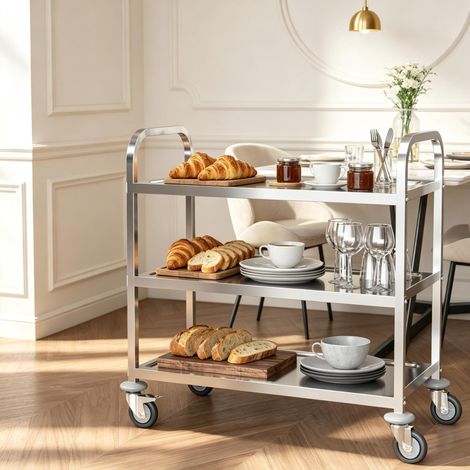 Chariot de service à 3 niveaux en acier inoxydable chromé avec roulettes (1/5)