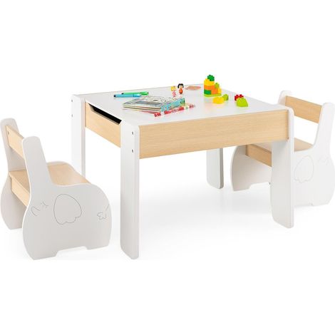 GOPLUS Ensemble Table et Chaises pour Enfants 3PCS, avec Plateau Rabattable, Dossier Ergonomique, 4-en-1 Table d'Activités en MDF avec Motif d'éléphant, pour 3-6 Ans(Blanc) (1/5)