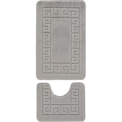 Ensemble de 2 tapis de bain antidérapants à motif de clé grecque, tapis doux et lavable, tapis de douche absorbant à séchage rapide et piédestal (anthracite) (1/4)