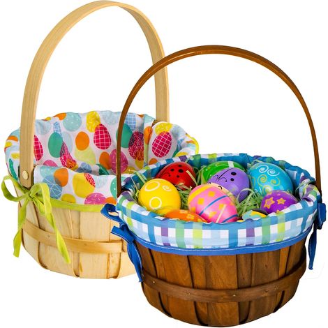 Lot de 2 paniers de Pâques en copeaux de bois tressé naturel avec doublure, panier de Pâques en osier avec poignée pour pique-nique, emballage cadeau, rangement et décoration (1/5)