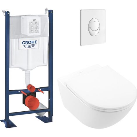 Conjunto de WC suspendido modelo VILLEROY ET BOCH Universo TwistFlush blanco + estructura y placa GROHE blanco