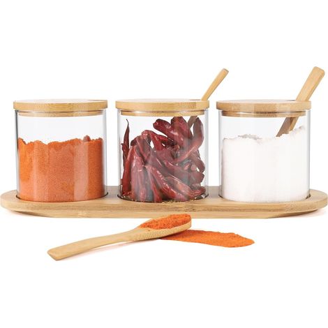 Ensemble de 3 pots à épices en verre de 400 ml avec cuillère, couvercle et palette. Pots à épices, salières et sucrières. Support pour la cuisine et la table. (1/5)