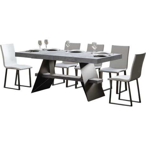 Table à rallonges 8 à 14 places bois gris effet béton et pieds acier gris foncé 180 à 284cm Klaro (1/5)