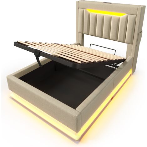 Letto singolo 90x200 cm con contenitore, LED e porte USB-C, beige, lino (1/5)