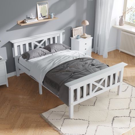 Cama individual clásica 90x200 cm de madera maciza blanca con cabecero en X y somier de láminas (1/5)