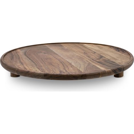 Akazienholz Servierplatte groß lebensmittelecht - 37 cm - XL Massivholz Servierteller auf Füßen rund natur
