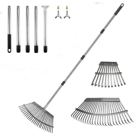 Râteau à Feuilles de Jardin, 25+11 Dents en Métal Râteau de Jardin, 90-190 cm Poignée en Acier Réglable, Le Ramassage des Feuilles, pour la Collecte de Débris sous Les Parterres de Fleurs (1/5)