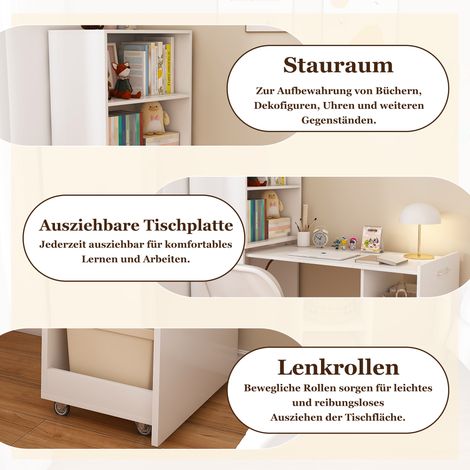 Bureau extensible blanc avec armoire de rangement et étagères réglables, bureau pliant gain de place pour chambre ou bureau, plateau coulissant, meuble informatisé compact. (1/5)