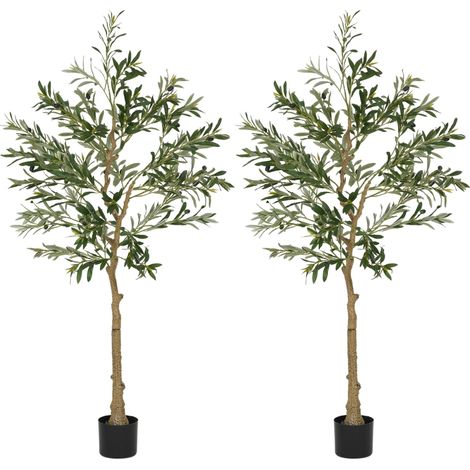 Set of 2 5ft/ 150cm Decorative Artificial Plant, Silk Olive Tree with 720 Leaves and 32 Olive Fruits in Pot, Fake Plant for Home, Office, Living Room, Indoor Decor (1/5)