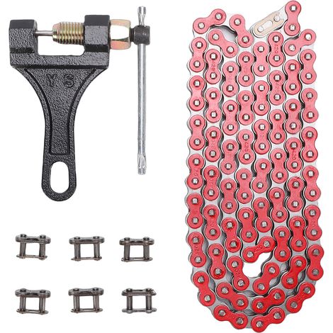 420 Chaîne de moto 120 maillons en acier 6 rouleaux principaux de remplacement pour CRF150 Grom 50 ml 70 ml 90 ml 110 ml 125 ml 4 roues ATV Quad rouge. (1/5)