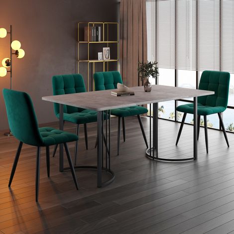 Essgruppe (5-tlg),Esstisch mit 4 Stühlen Set, Moderner Küchentisch Set , 140×80cm Küchentisch mit Schwarz Metallbeinen, MDF Tischplatte in Grau,Dunkelgrün Samt Esszimmerstühle (1/5)