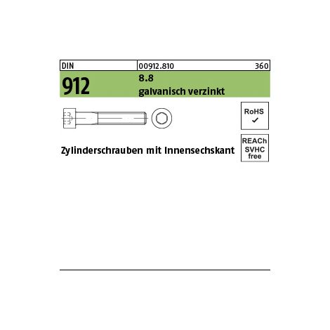 DIN 912/ISO 4762 Zylinderkopf-Schaftschraube M12x20 Stahl 8.8 galvanisch verzinkt Innensechskant 100 Stk