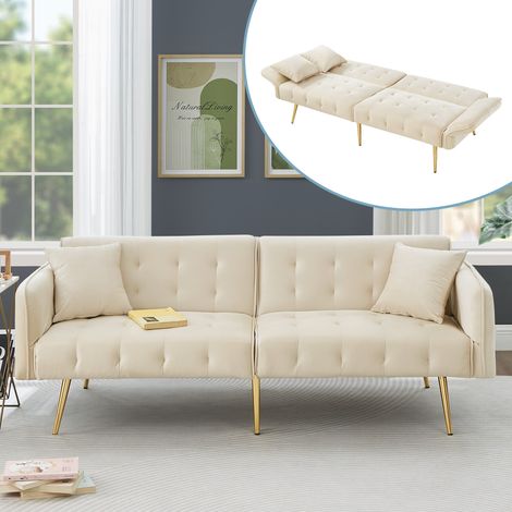 Sofá cama doble multifuncional, plegable en terciopelo beige, con respaldo y reposabrazos ajustables en varias secciones, ideal para sala de estar. (1/5)