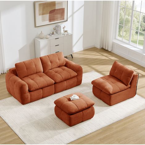 Sofá esquinero modular de 3 plazas con otomana, 264 x 160 x 68 cm, chenilla naranja DESVIAE (1/5)
