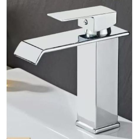 Robinet de salle de bain style cascade – Mitigeur monotrou eau chaude/eau froide – Bec droit – Profil bas – Argent : 17 x 6 x 20,5 cm (1/5)