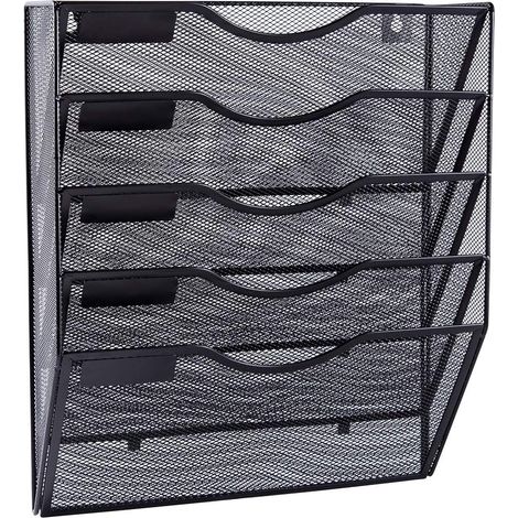 5 Pocket Mesh Hanging Wall File Organizer, Wall Mounted Mail Paper Document Folder Holder, Clipboard Storage Organization Magazine Rack with Nametag Label for Office Home School, Black (1/5)