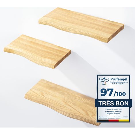 Étagère murale en bois massif 3 étagères – Fixation invisible – Dimensions 42/36/30cm – Style rustique avec bords irréguliers – Lamo Manufaktur