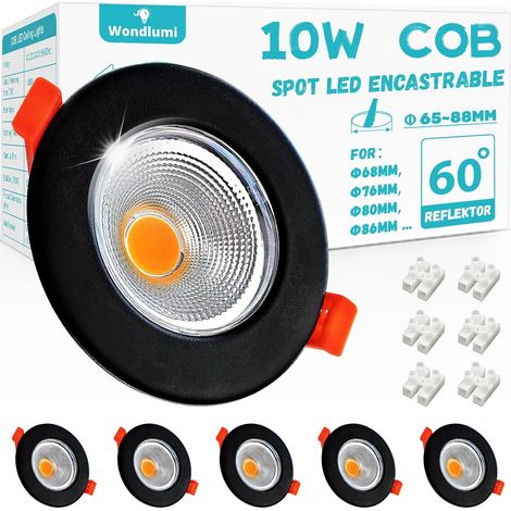 10W Spot LED Encastrable Noir Dimmable Extra Plat,4000K Blanc Neutre COB,850LM 220V,Trou 65-88mm,Spot de Plafond Blanc Pour Cuisine Chambre Salon Lot de 6 (1/5)