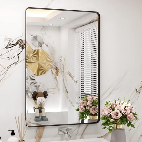 Miroir de Salle de Bain rectangulaire avec Cadre Noir, 61 x 91,4 cm, Noir Mat, Montage Mural, Style Moderne, Verre trempé incassable, Facile à Installer (1/5)