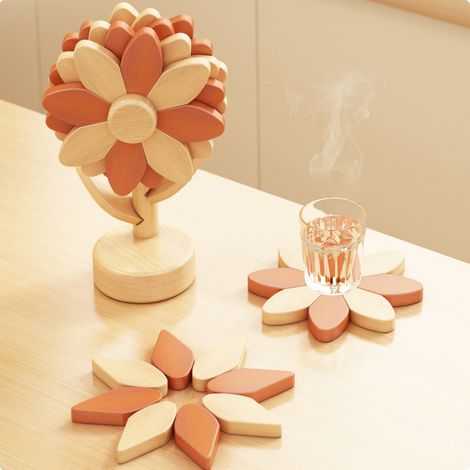 Set de table créatif « Tournesol », sous-verre, bois massif, protège-table, antidérapant et résistant à la chaleur, pour table à manger, sous-verre (1/5)