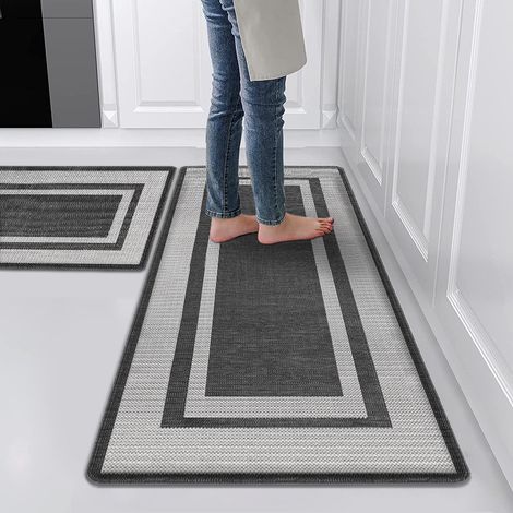 Neuer, länglicher Teppich in Teslin-Optik für Eingangsbereiche, ölabsorbierend, fleckenabweisend, rutschfest, geeignet für Küche und Wohnbereich – Teslin-Imitation, schwarz – 150 x 44 x 1,0 cm