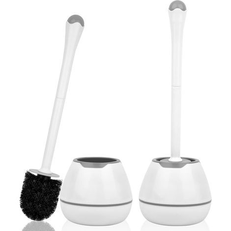 Toilet brush and holder, set of 2, with long handle, discreet plastic holder and anti-drip, white. (1/5)