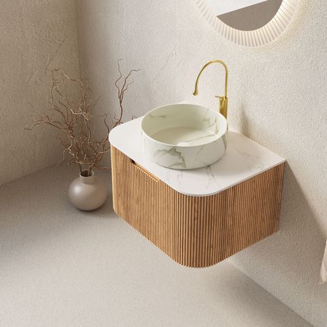 Meuble Vasque Mural 60x48x55 cm - Évier Céramique Effet Pierre - Finition Rayée 3D Aspect Bois - Structure Contreplaqué 18 mm - Tiroirs à Fermeture Amortie - Chêne (1/5)