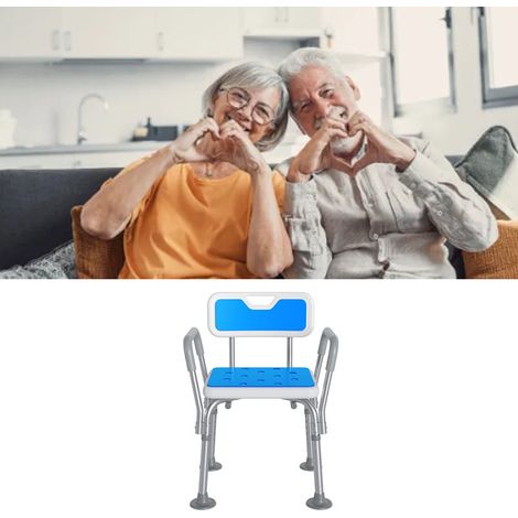 Chaise de douche avec accoudoirs et dossier rembourrés, réglable, antidérapante, avec trous de drainage. Chaise de bain confortable pour personnes âgées avec coussin. (1/5)