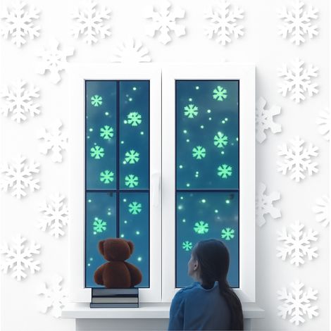 Pegatinas de copos de nieve que brillan en la oscuridad para decorar ventanas, sin pegamento, 92 unidades (BQ653A/B) (1/5)