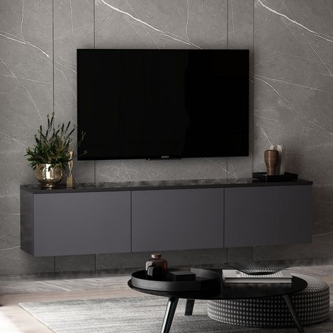 Mueble para TV Surrigone, 3 compartimentos, 3 puertas, apertura abatible, 160x32x35h cm, negro antracita (1/5)