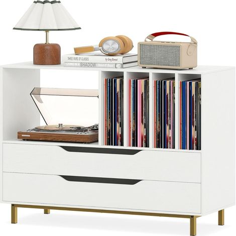 Meuble pour platine vinyle 91 x 36 x 87 cm avec 2 tiroirs rangement pratique style rétro en MDF blanc