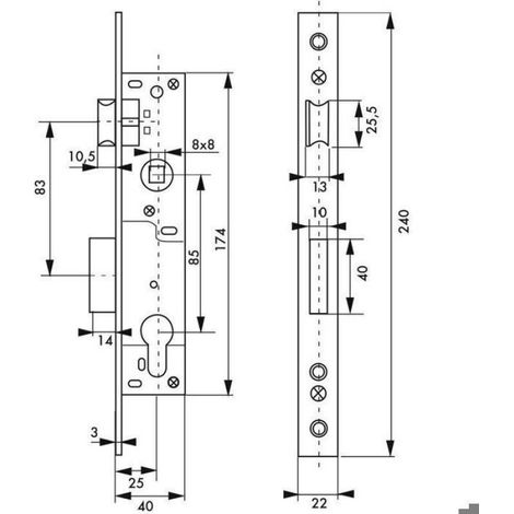 Boitier de serrure encastrable à cylindre pour menuiserie métallique, axe 25mm, bouts carrés, zingué-