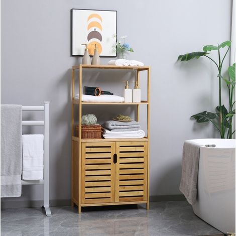 Meuble de salle de bain avec rangement en bambou naturel 60 cm, 2 niches ouvertes et placard à portes lamellées (1/5)