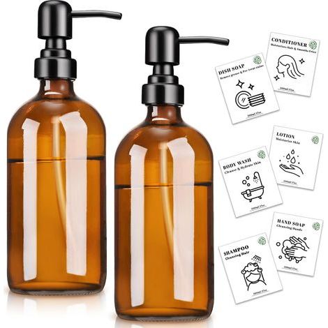 2 Pack - Distributeur De Savon - Verre Ambré - Pompe En Acier Inoxydable 304 - Rechargeable Pour Liquide Vaisselle - Cuisine Et Salle De Bain - Noir Mat - 500ml (1/5)