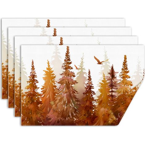 Lot de 4 Sets de Table Forêt d’Automne, Sous Assiette de Table Arbre et Oiseau à l’Aquarelle, Dessous Assietter Lavable Absorbant en Lin pour Cuisine, Salle à Manger, Fêtes Décoration 30x45cm (1/5)