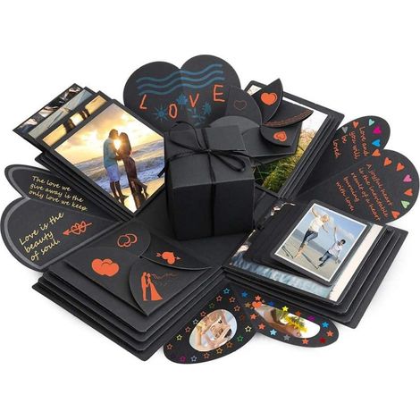 1 Boîte cadeau, Album photo DIY fait main, Papier artisanal noir, 12x12x12 cm, Pour anniversaire (1/5)