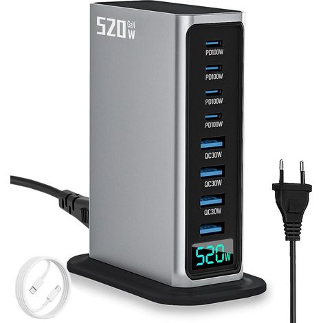 USB Fast Charger, 520 W USB C Charger Multiple with Digital Display, 8 Port USB Charging Station with GAN III and PD 3.0, Fast Charging Station with 4USB C & 4USB A for Phone, Tablets, Laptop (1/5)
