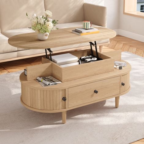 Tavolino da salotto ovale sollevabile 105x50x60,5 cm in MDF naturale con contenitore – MEUBLIV (1/5)