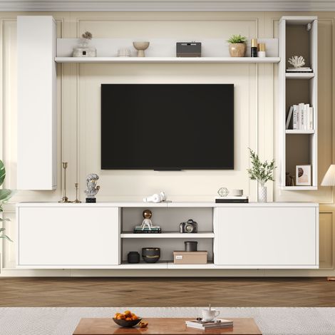 Meuble TV 180 cm, 4 pièces, étagères verticales et 2 supports muraux, grand espace de rangement, adapté aux téléviseurs 80 pouces, ensemble de meubles TV pour salon, Blanc (1/5)