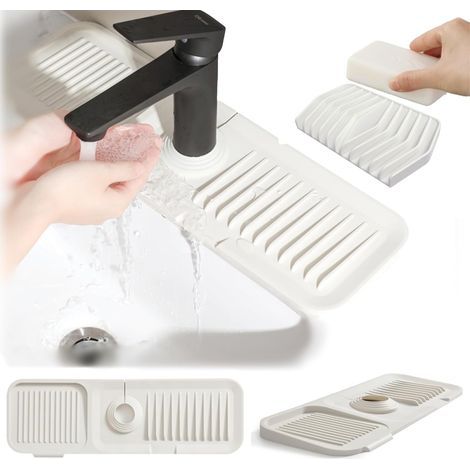 Protection pour robinet et tapis d'égouttement, tapis de drainage en silicone pour évier de cuisine, inclinaison à 5°, 1445 cm, blanc cassé (1/5)