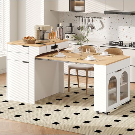 Mobile bar allungabile 55-153x80x93 cm con prese, isola cucina con contenitore e ruote, MDF e vetro, bianco (1/5)