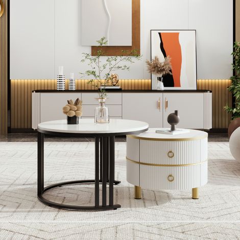 Table basse ronde 2 en 1 en MDF avec plateau brillant et plateau en marbre blanc, table d'appoint et table basse salon combinée avec 2 tiroirs, dimensions : 70 x 70 x 46 cm + 50 x 50 x 40 cm (1/5)